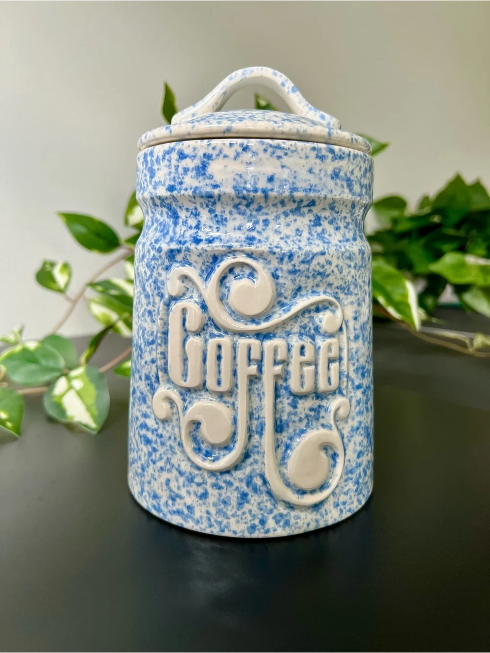 Vintage Treasure Craft USA Blue Spongeware Coffee Canister Ceramic Jar Farmhouse